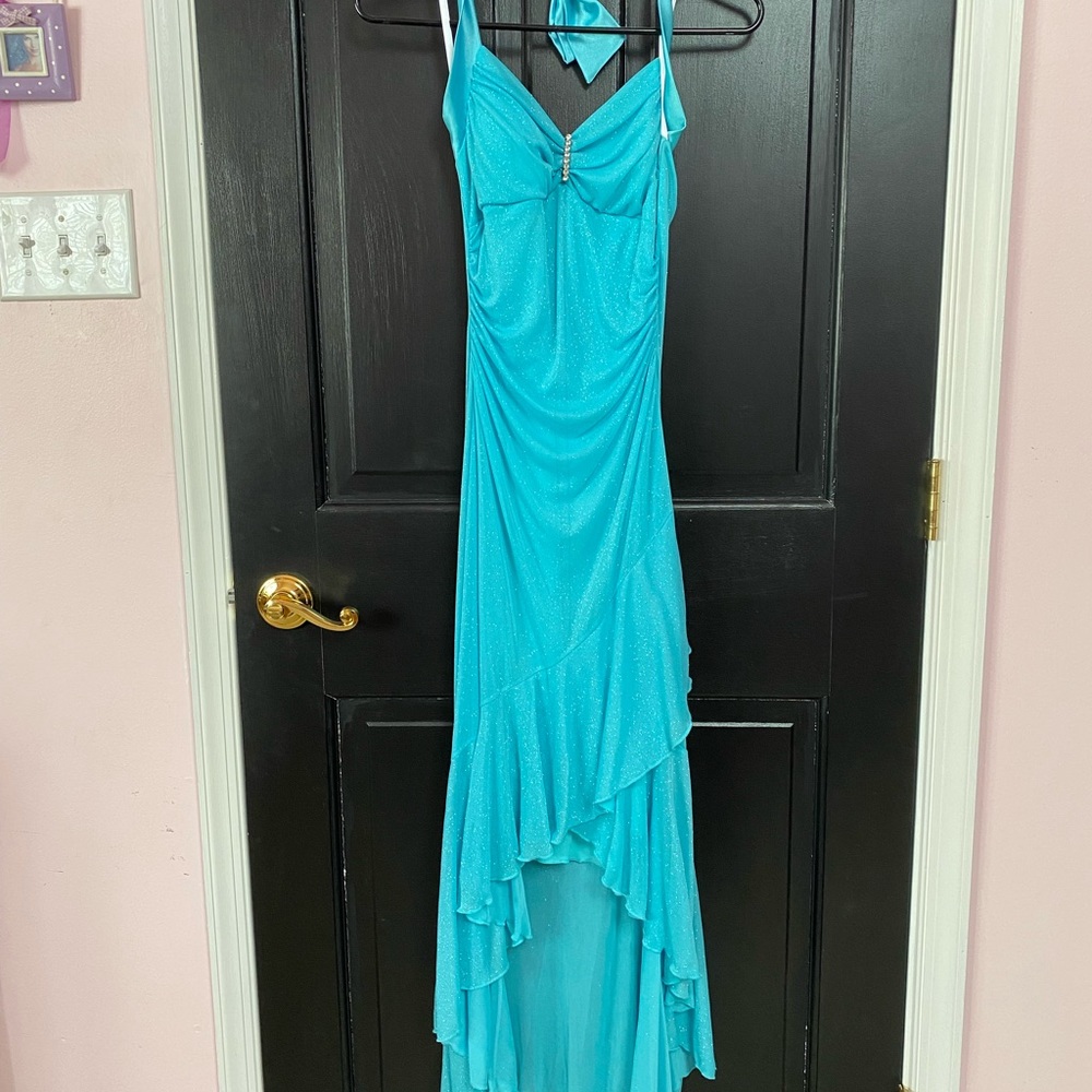 Blue glitter formal prom dress